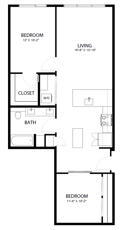 A black and white image of a floor plan for a two bedroom apartment.